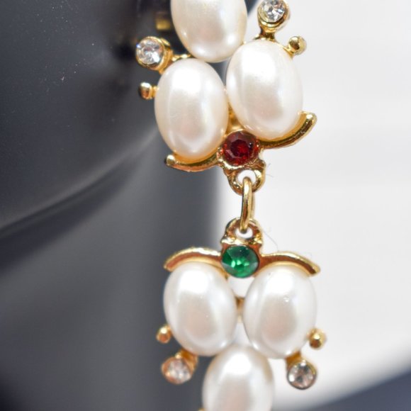 1.75" Drop Dangle Pearl Red/Green Earrings - Picture 7 of 12